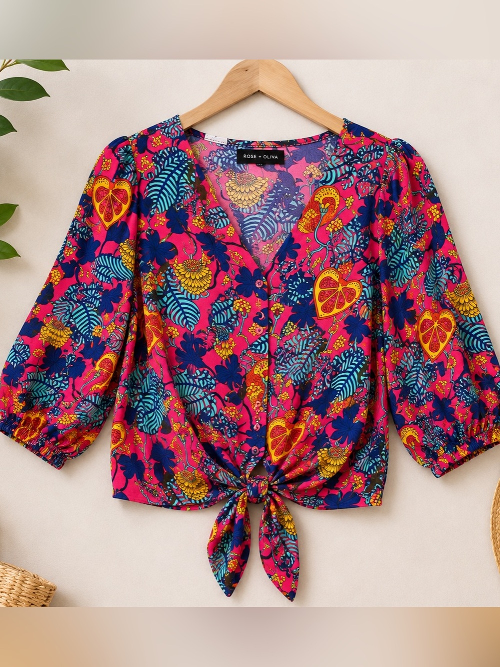 Rose + Oliva Colorful Tropical Tie-Front Blouse Size Large | Floral Print